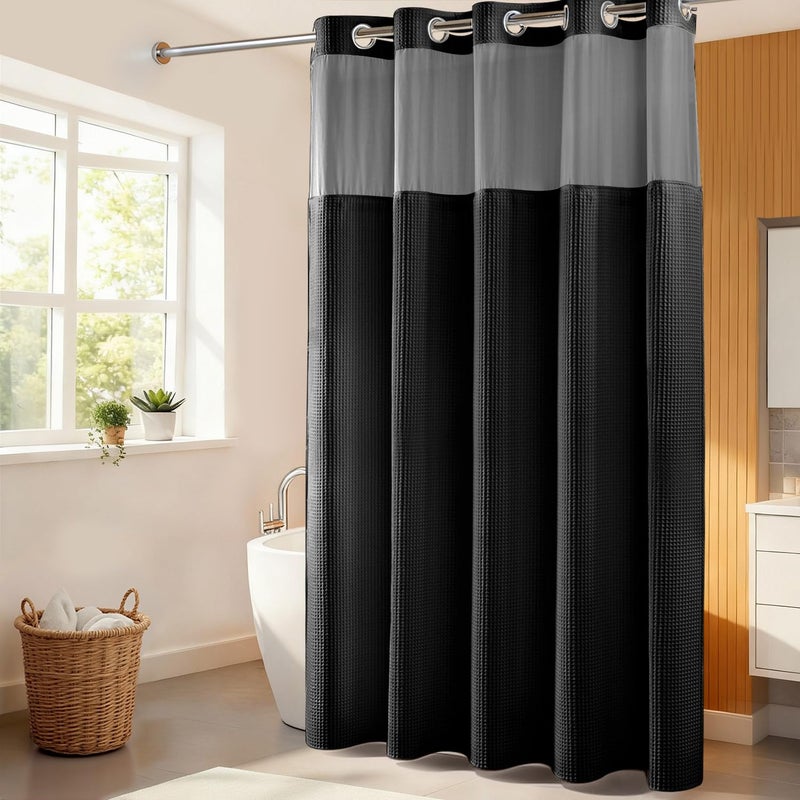 River Dream Black Fabric Shower Curtain Set, Cotton Blend, Waffle Weave, with Snap in Replacement Linerï¼Œ71 x 86 inches - Image 1